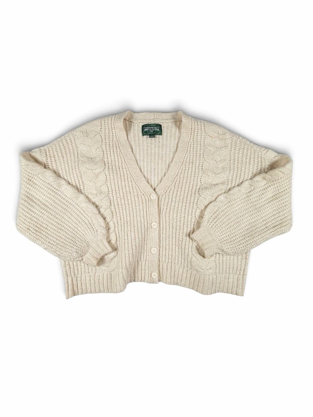 American Eagle Chunky Cable Knit Button Front Cardigan Cream Wool Blend XL